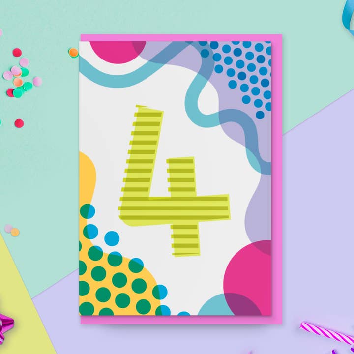 Jane Katherine Houghton Designs - Wholesale Birthday Card - Age 4 Colourful Geometric Pattern Kids Birthday Card0