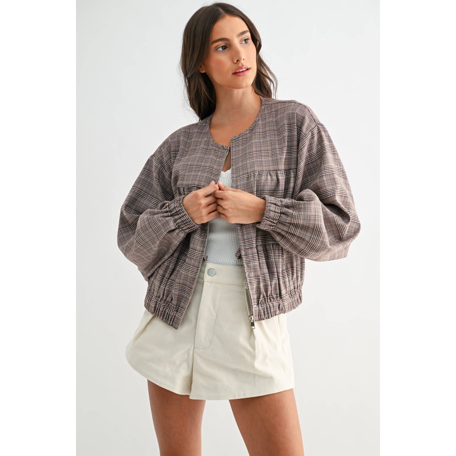BROWN PLAID BALLON SLEEVE ZIP-UP JACKET  for wholesale on Faire0