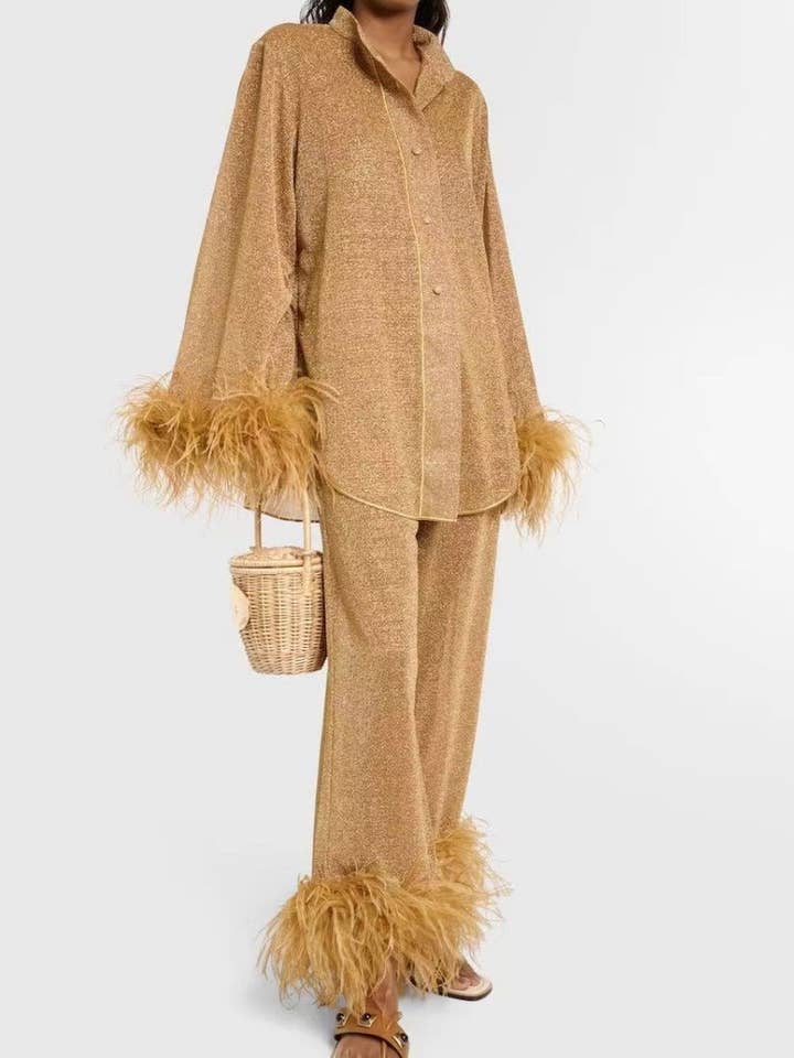 safistyle - Wholesale Top & Pant Set (NOT Loungewear) - Women's - Feather Collar Top with Casual Pants Set