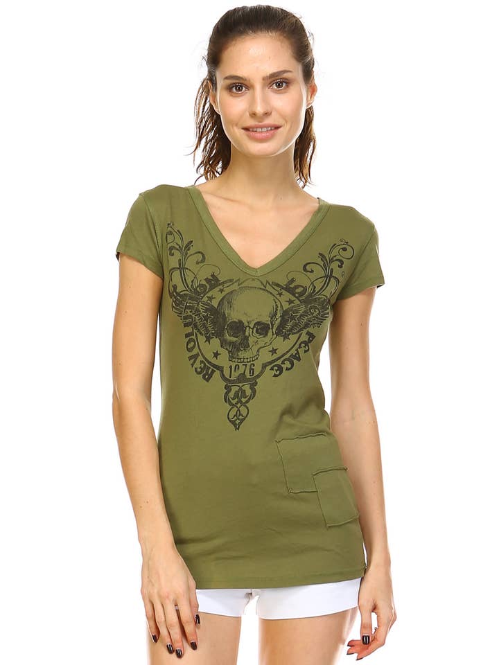 V-neck Pre-washed Short sleeve Graphic tee with Skull desig for wholesale by Urban X Apparel