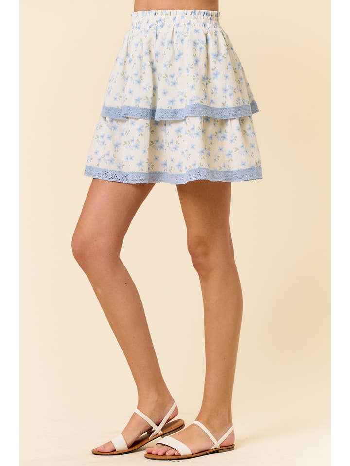 Doe and Rae - Wholesale Skirt - Women's - Floral Puff Printed Layered Lace Mini Skirt - 6551S