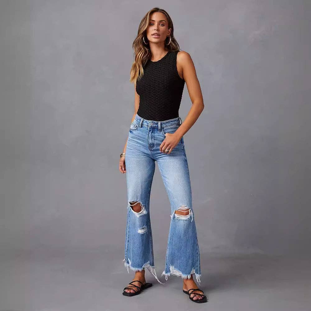 Blue High Waist Distressed Wide Leg Denim Pants with Tie-Dye Wash for wholesale on Faire4