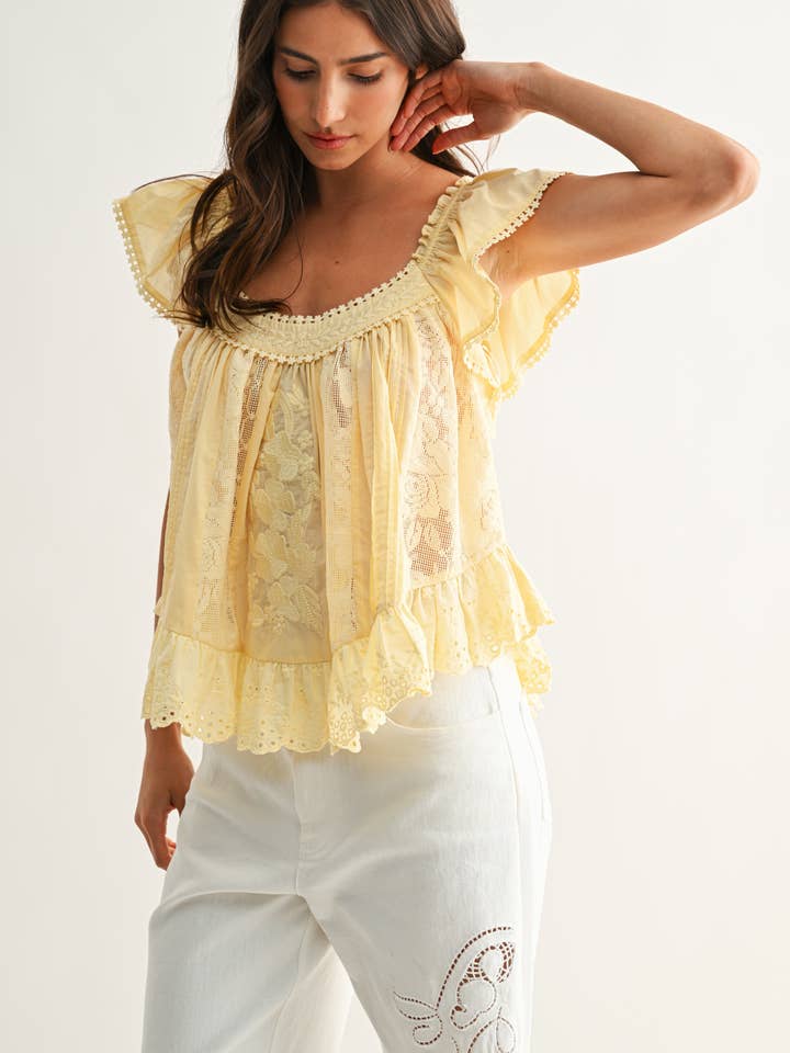 LT YELLOW CET26937 Sleeveless Lace Blouse with Embroidered for wholesale on Faire3