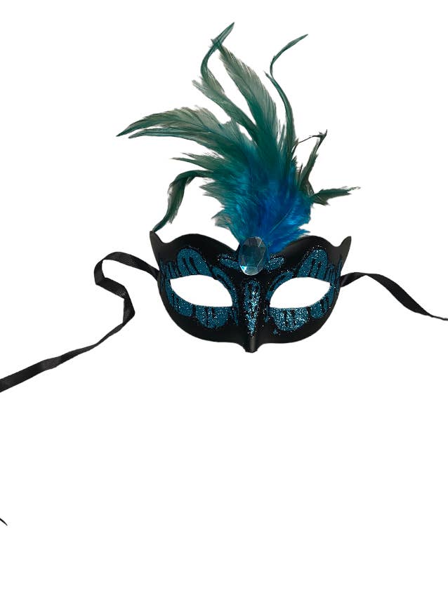 Kinky Pleasure - Wholesale Costume – Unisex - Power Escorts - BR248 Lightblue - Venetian Mask Light Blue with Blue Stone and Feather on Top - Adjustable Kinky Mask3