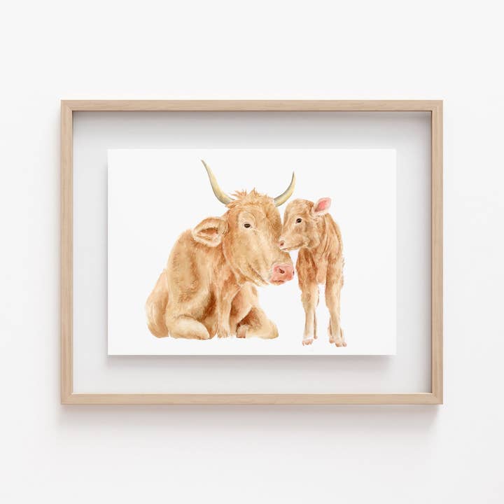 Mom and Baby Watercolor Cow Print for wholesale by Carrie And The Brush