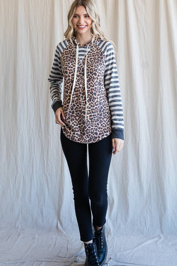 7th Ray – Großhandel Hoodie – Damen – Leopardenstreifen Ärmel Kordelzug Kapuzenpullover T443619