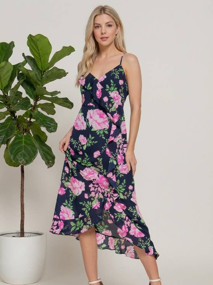.0109 Floral Print Ruffle Slip Midi Dress SI-27939 for wholesale by 42POPS
