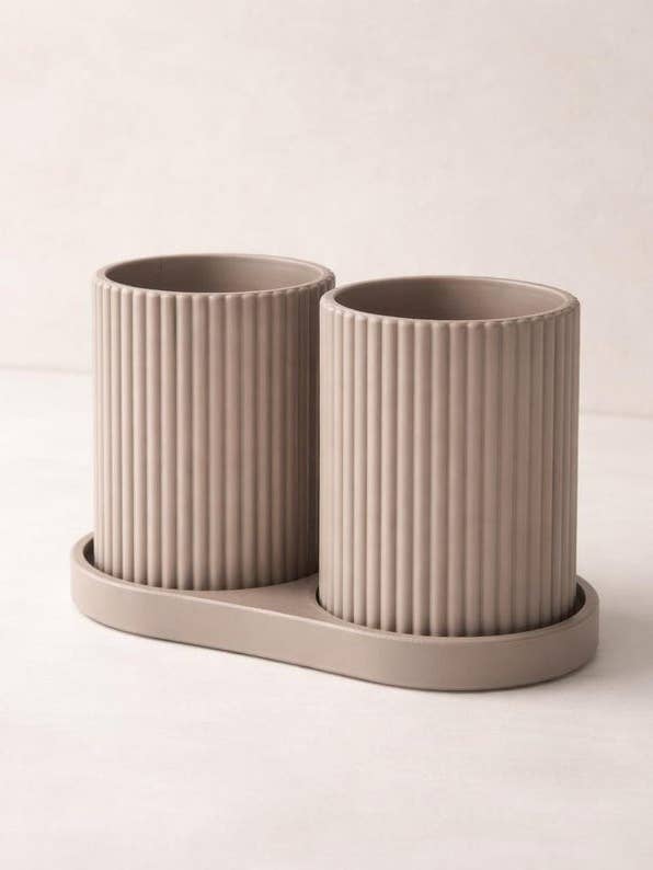 Toothbrush Holder Set 3D Printed Modern Ribbed Bathroom Organizer for Countertop Storage for wholesale by Kri8 Collective