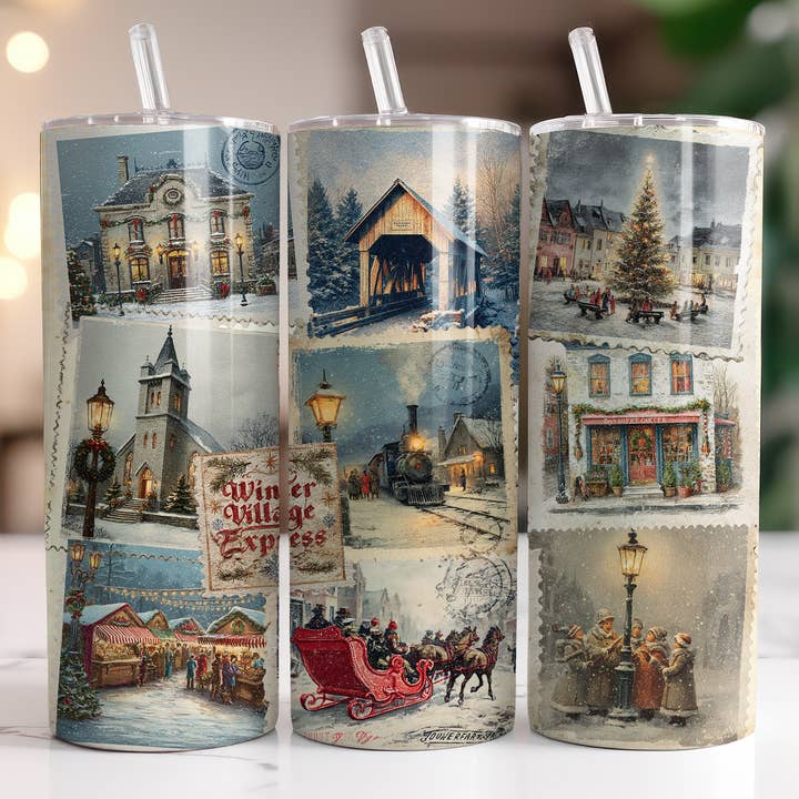 Winter Village Express Christmas Stamps 20oz Skinny Tumbler for wholesale by Dogwood Graphics & Design