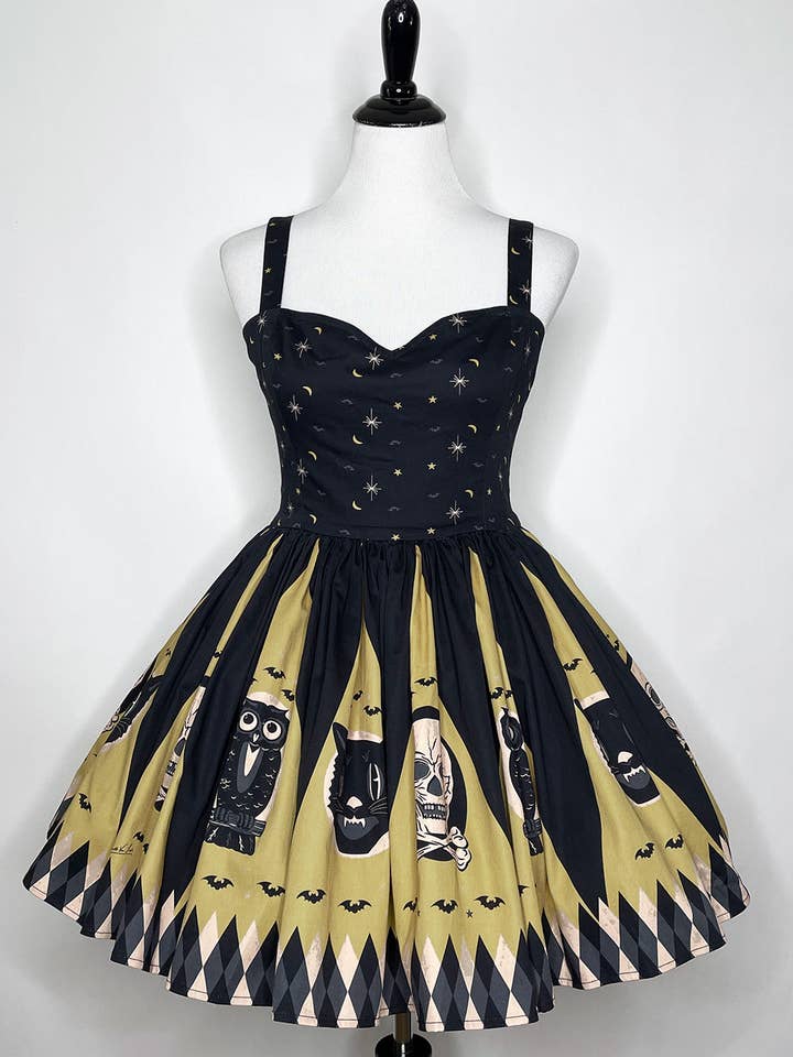 Prudence Dress in Halloween Treat Classic Gold and Grey Print for wholesale by The Oblong Box Shop™