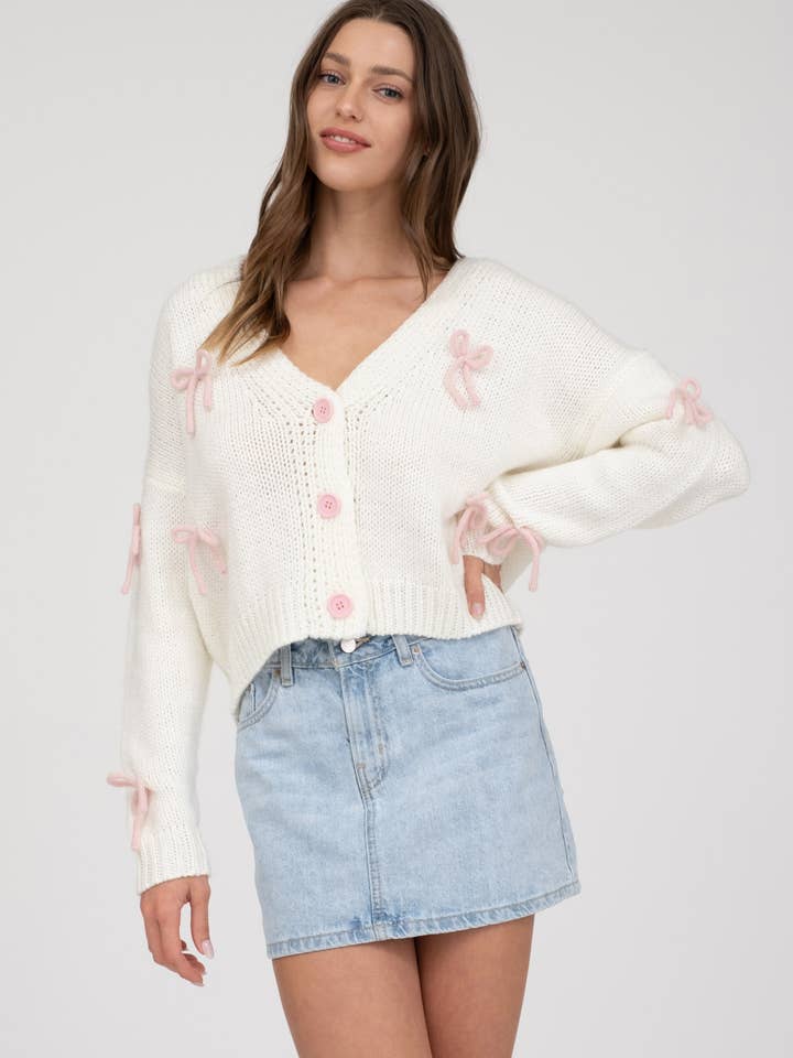 Blu Pepper - Wholesale Cardigan - Women's - BOW DETAIL BUTTON DOWN CROPPED KNIT CARDIGAN