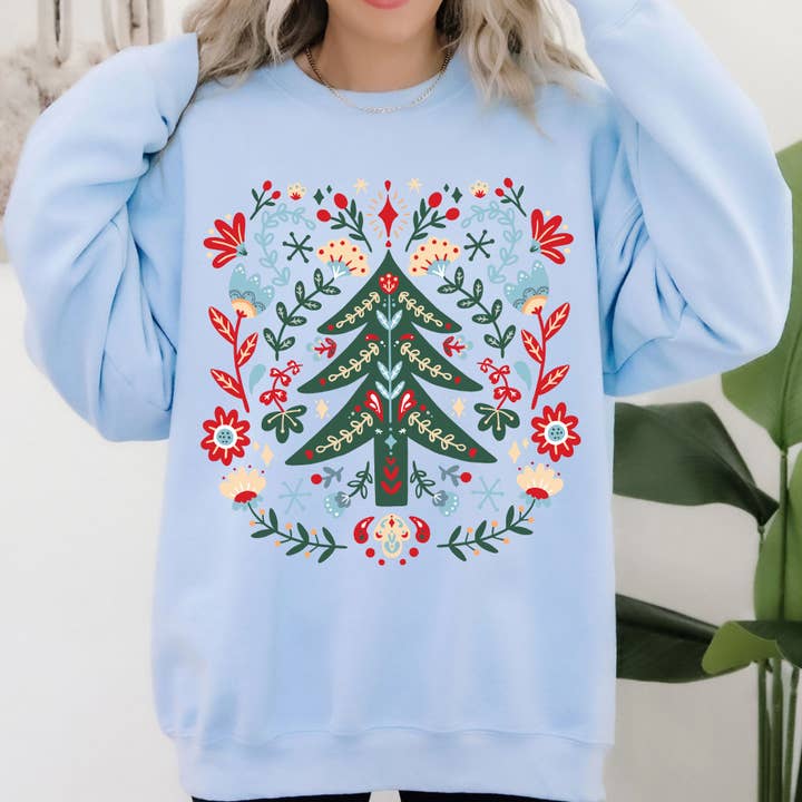 Refinery Number One LLC - Wholesale Graphic Sweatshirt - Unisex - Christmas Tree Folk Art, Scandinavian Floral Sweatshirt