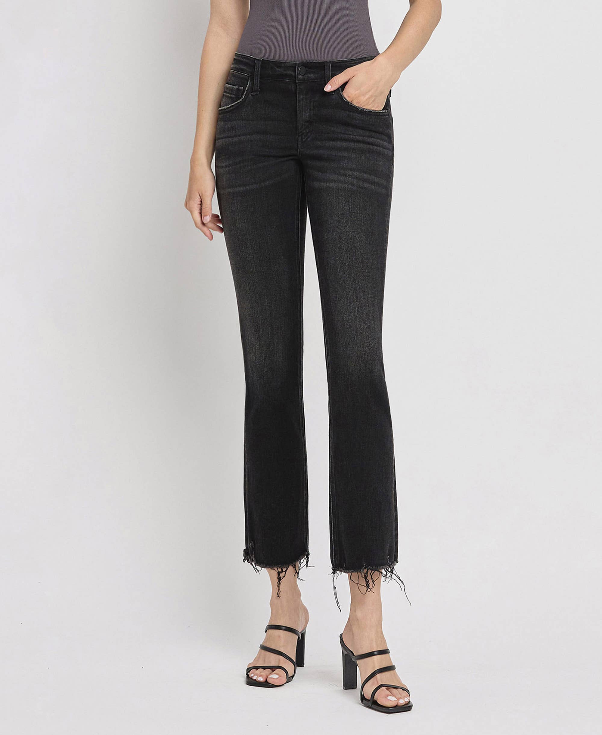 REASONABLE MID RISE RAW DISTRESSED HEM CROP FLARE JEANS F5300 for wholesale on Faire0