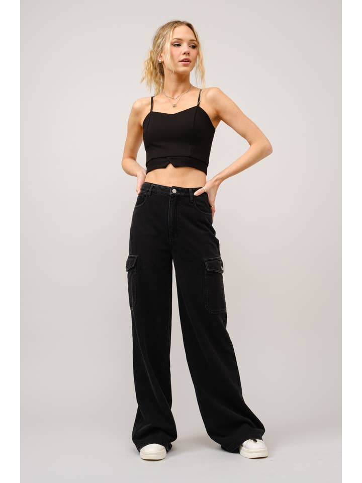 BLACK 23183P - High rise wide leg denim sweat pants for wholesale on Faire