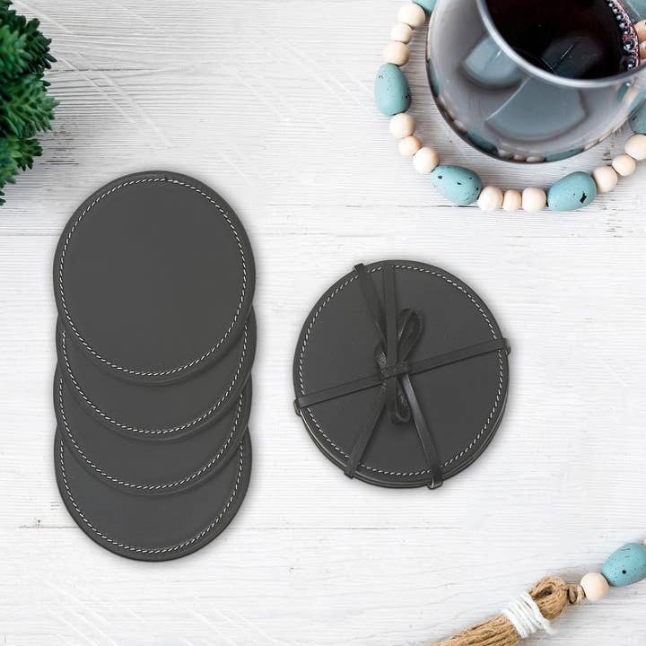 4Pc Round Genuine Leather Coasters Black for wholesale on Faire1