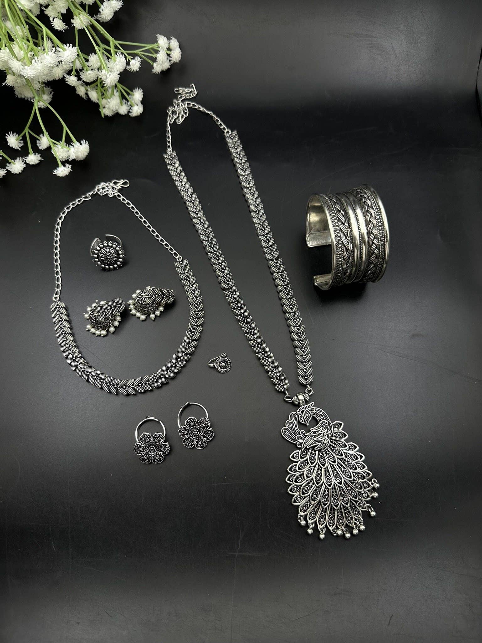 Quirky Fashions - Wholesale Jewellery set - Set Of 7 Oxidized Silver Jewelry Combos With Peacock Design0