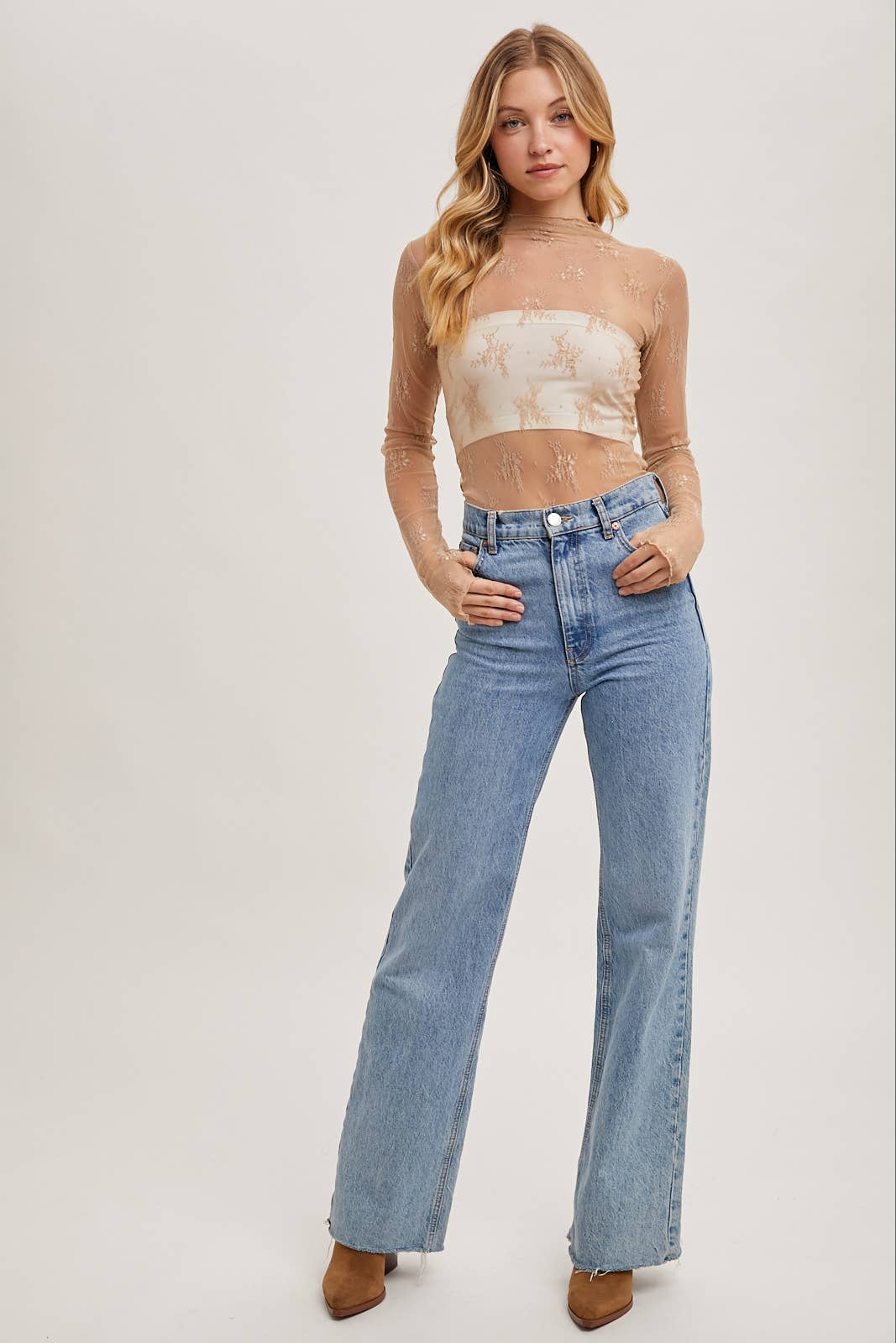 Bluivy - Vente Chemisier – femme - Top en maille avec superposition en tulle brodé floral24