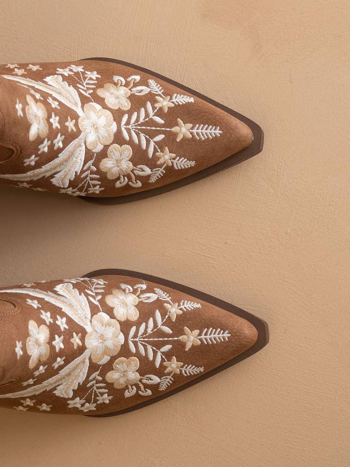 The Bailey | Cocoa Embroidered Cowboy Bootie for wholesale on Faire