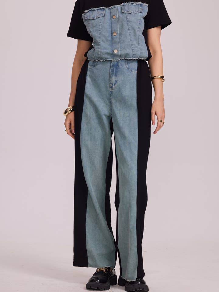 Calças bicolor em denim com laterais brancas - 2587 por atacado de Frime