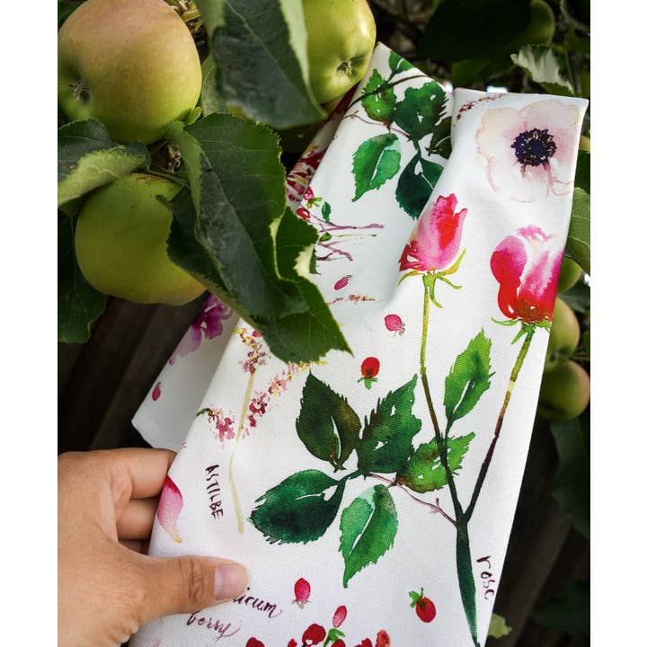 Jean Choe Art & Design - Wholesale Tea Towel - Botanical Rainbow (Red) Kitchen Tea Towel. Floral Tea Towel.9