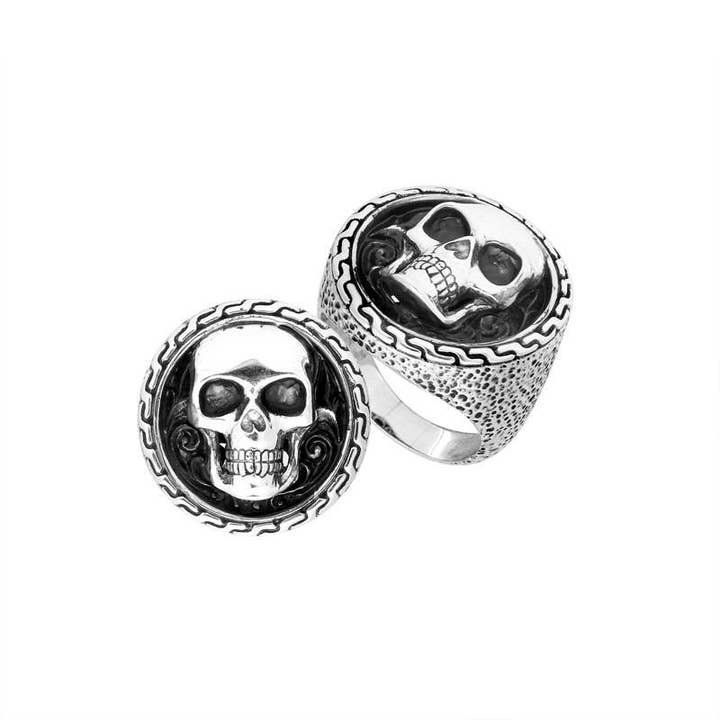 AR-8000-S Sterling Silver Bold Skull Ring With Oxidized Detailing And Textured Band for wholesale by Bali Designs