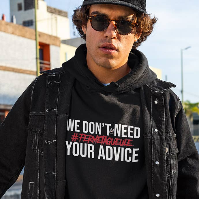 “We don't need your advice, #ftg" Men's Black Hoodie for wholesale by Poulettes Sisters
