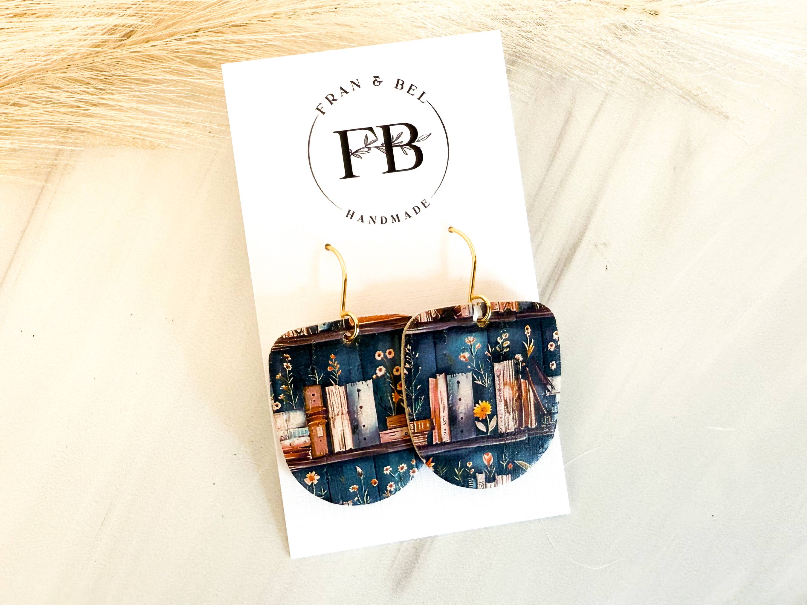 Fran and Bel - Wholesale Dangle Earrings - Navy Book Print  U-Shaped Leather Earrings2