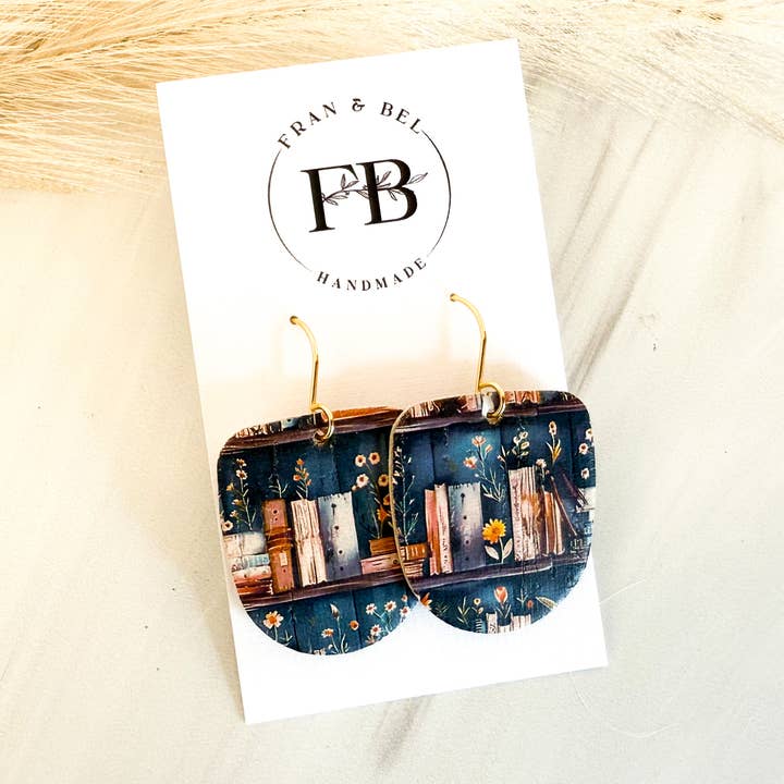 Fran and Bel - Wholesale Dangle Earrings - Navy Book Print U-Shaped Leather Earrings2