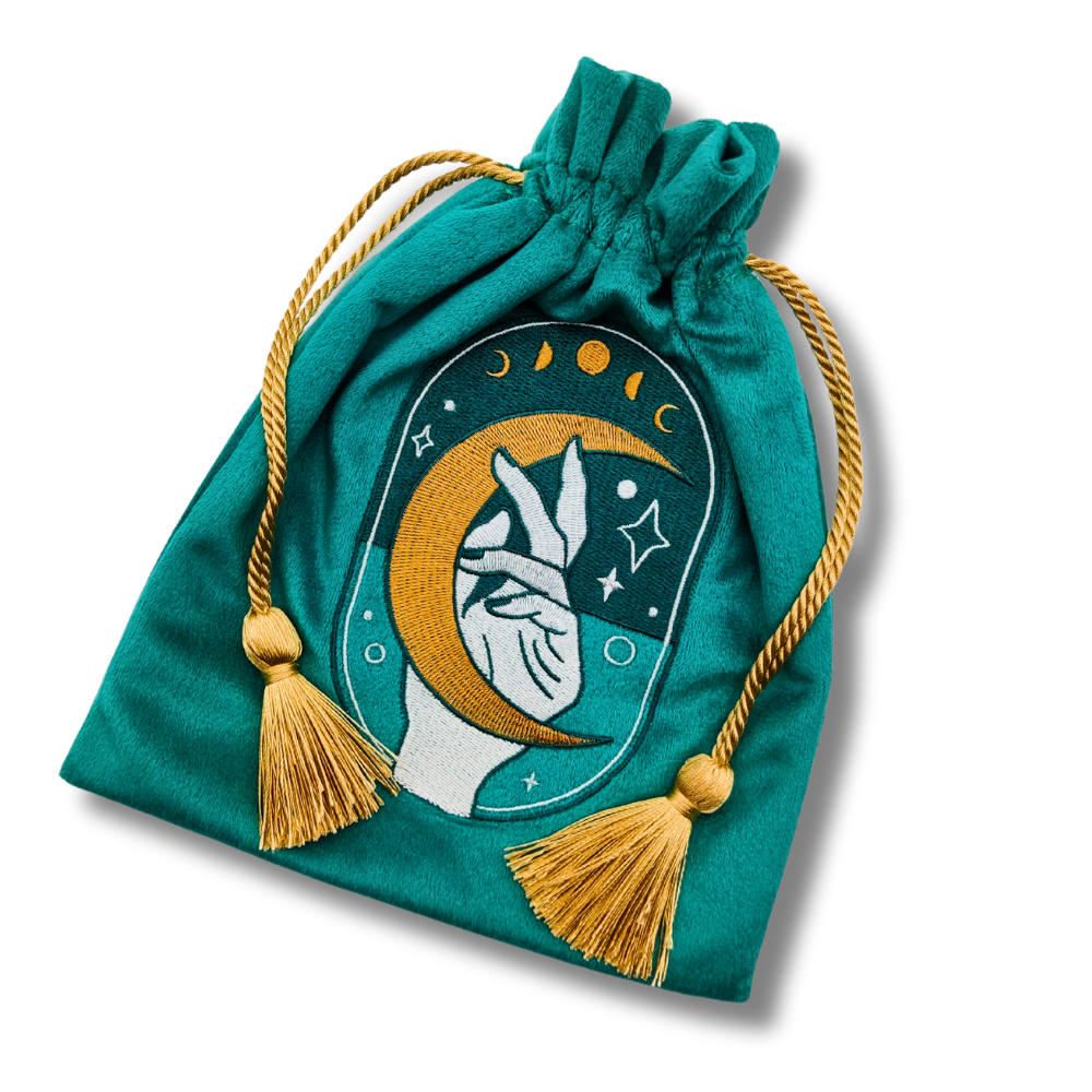 LA MUCI DESIGN - Vente Sac à cordon de serrage – unisexe - Pochette en velours vert pour tarot – Sac à cordon brodé5
