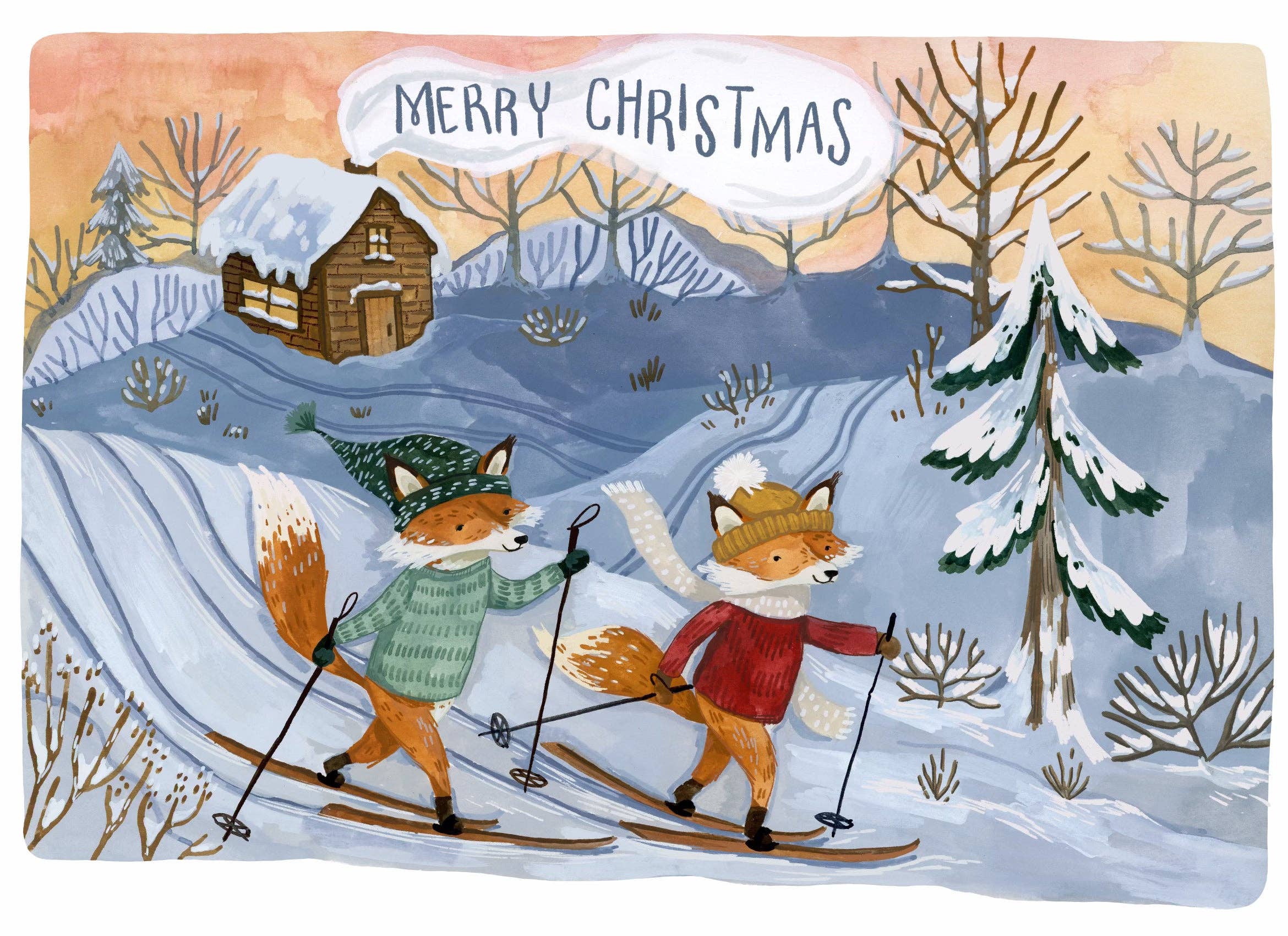 Canyon & Cove Art - Wholesale Christmas Card - Skiing Foxes Christmas Card2