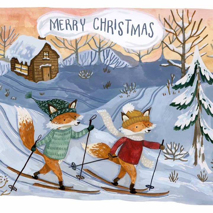 Canyon & Cove Art - Wholesale Christmas Card - Skiing Foxes Christmas Card2
