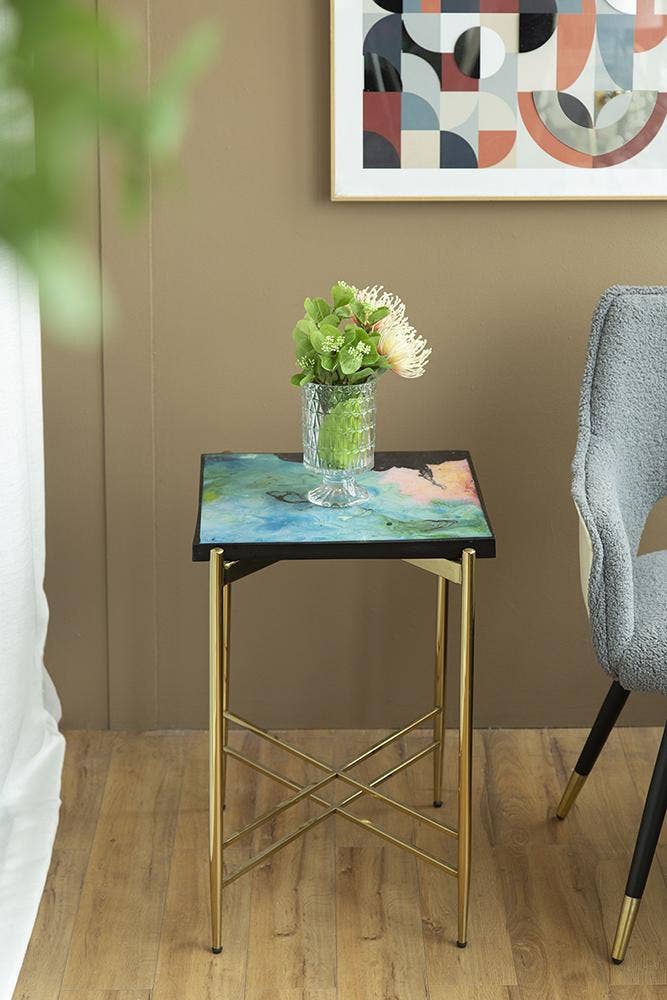 A&B Home Group Inc. - Wholesale Side Table - D15.5x26" Vibrant Aurora Resin Side Table - Gold/Multicolor6