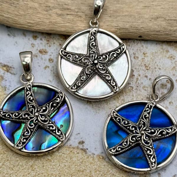 Sterling Silver & Shell Fancy Starfish Pendant Small for wholesale by Goddess Design Studio