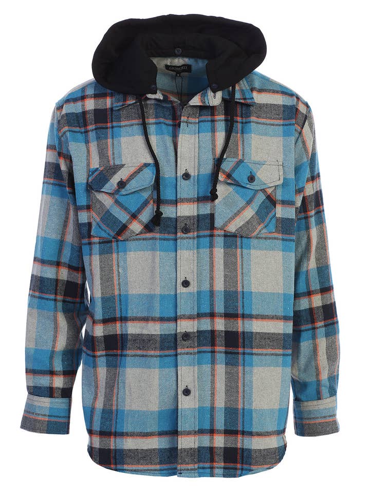 b-one inc - Wholesale Buttoned-down shirt – Men's - Men's Casual Button Up Flannel Shirt with Removable Hoodie GB-LS92H8