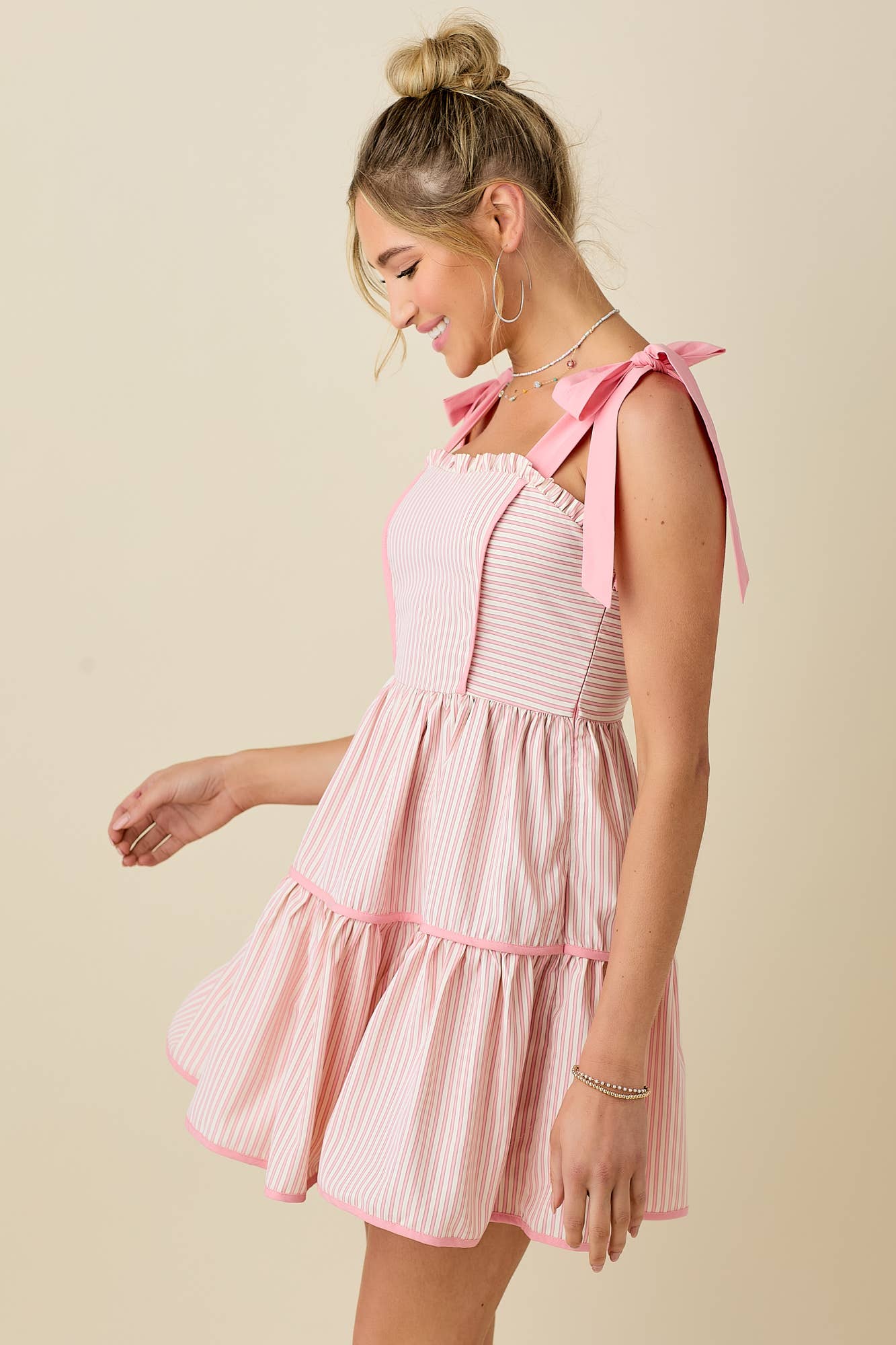 WHITE PINK Stripe mini dress with ribbon shoulder strap for wholesale on Faire7