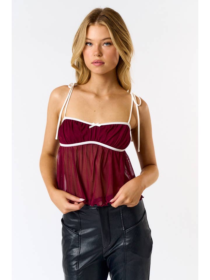 Burgundy BT25073 MESH BABYDOLL TOP for wholesale on Faire