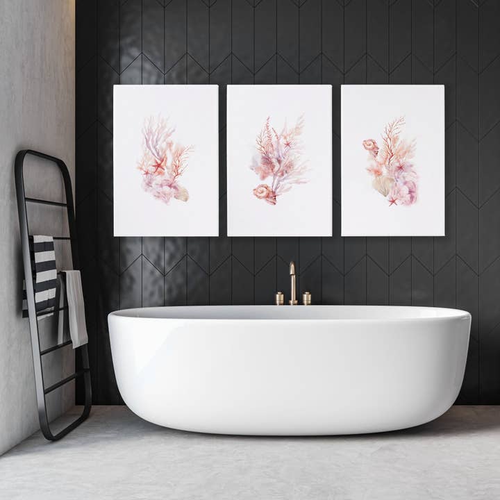 Gerahmte Bilder für das Badezimmer | Set aus 3 Muschel-Wandkunst-Drucken für den Großhandel von About Wall Art