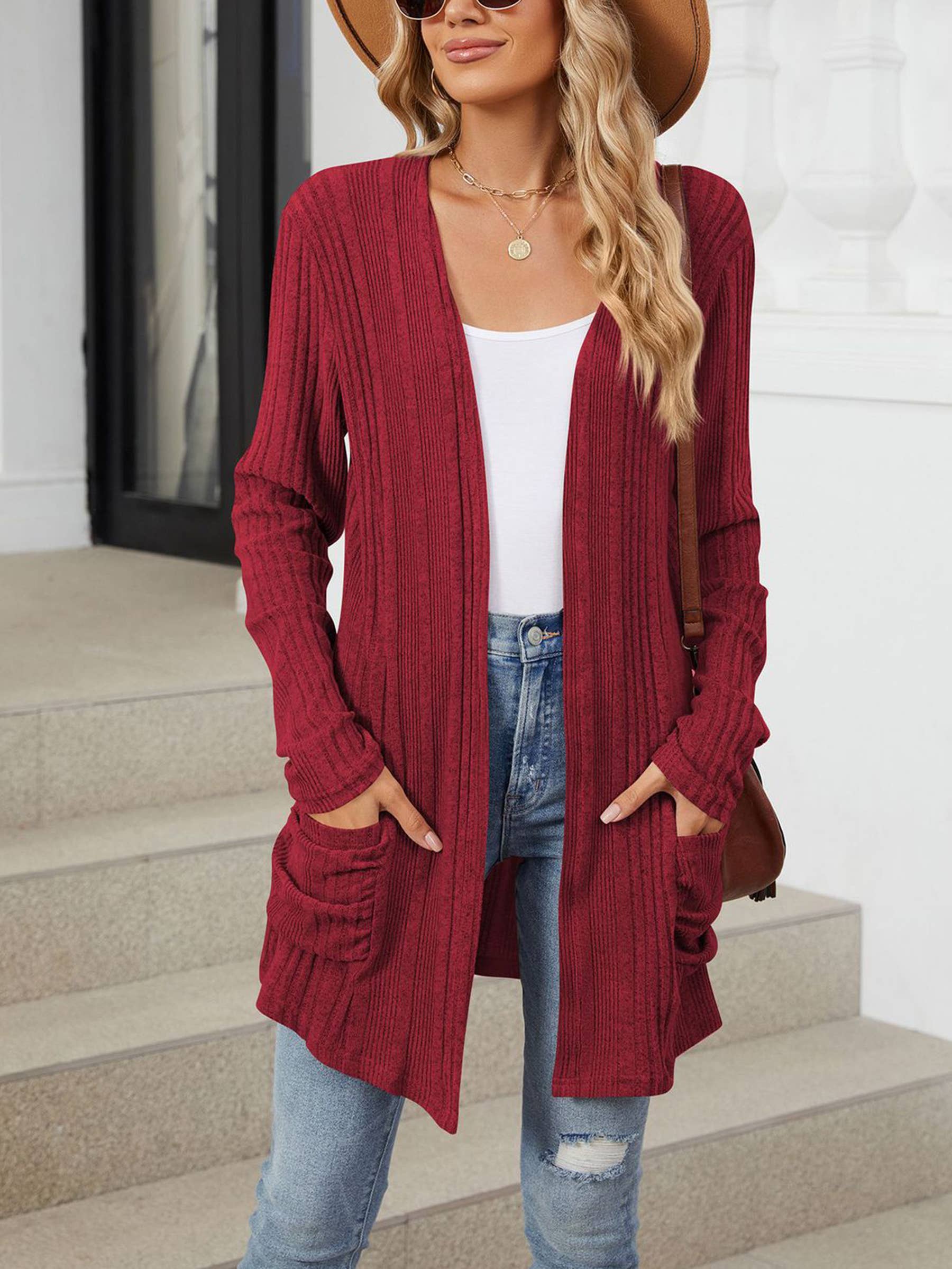 Wholesalesir - Wholesale Cardigan - Women's - Solid Color Pit Stripe Matte Pocket Long Sleeved Top5