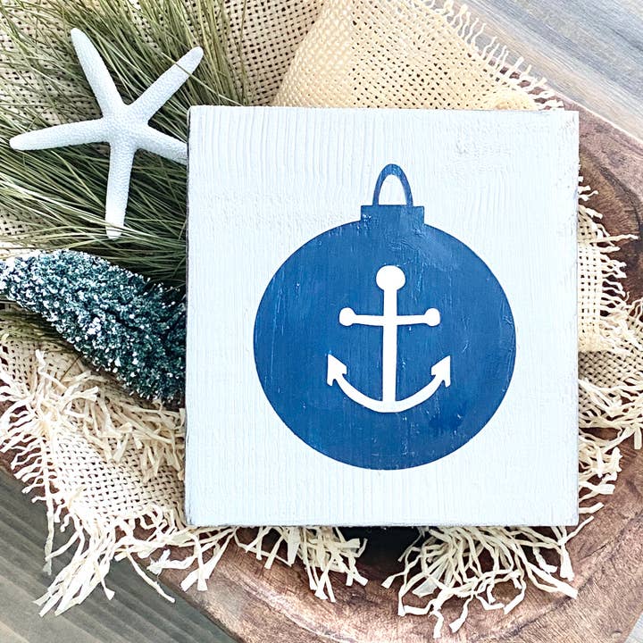 Anchor Ornament wood beach sign, coastal Christmas gift sign for wholesale by Anchored Soul Designs