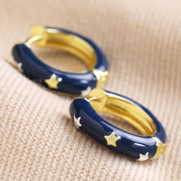 Starry Navy Enamel Hoop Earrings for wholesale by Lisa Angel