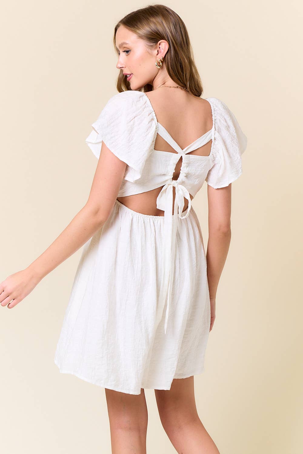 Doe and Rae - Wholesale Dress - Women's - Flutter Sleeve Open Back With Tie Babydoll Dress - 27987D8