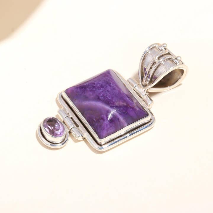 AG 925 JEWELLERY - Wholesale Locket Necklace - 925 Sterling Silver Vintage Locket Purple Charoite Pendant3