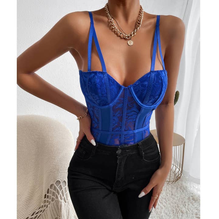 Sweetkama – Engroshandel Bodysuit undertøj - Dame – Bodysuit med blomsterblonder Gennemsigtig Teddy C80035