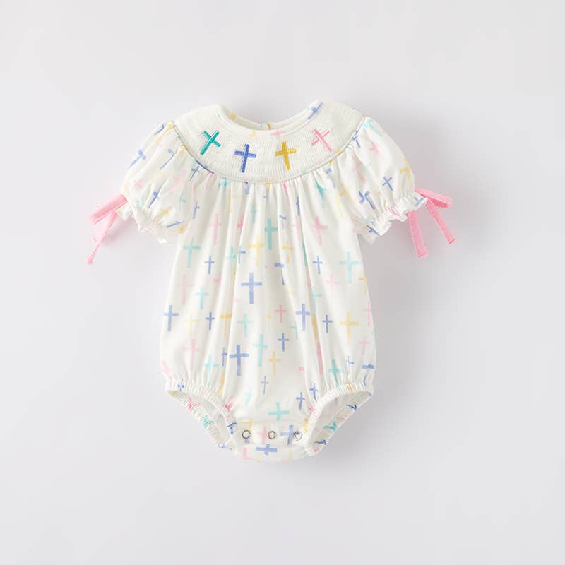 Auraquise - Wholesale Bodysuit (Non-Footed) - Baby - Baby Girls Easter Cross Smocking Embroidery Romper