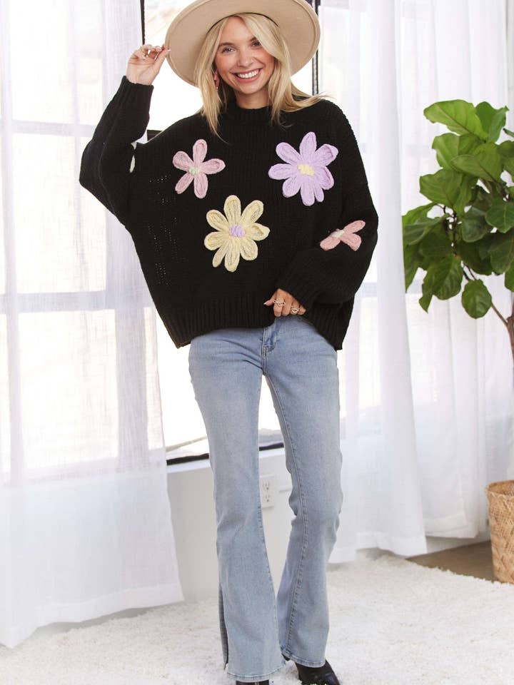 Madelyn - Wholesale Knit Sweater - Women's - LESW3734-DROP SHOULDER FLORAL SWEATER TOP21