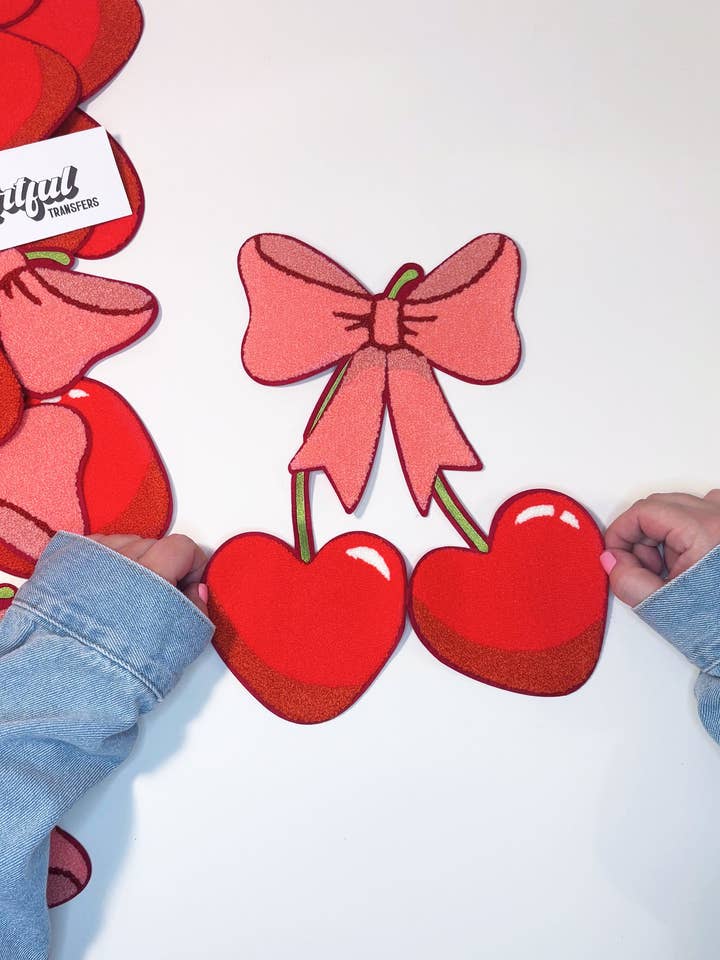 Cherry Hearts with Pink Bow - Chenille Patch for wholesale by Artful Transfers