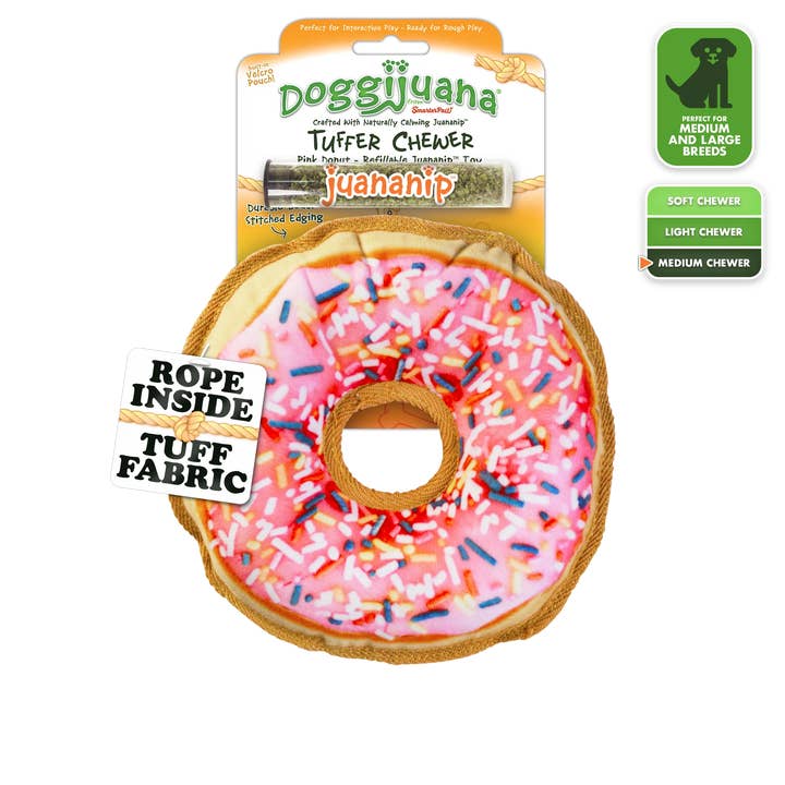 Tuffer Chewer Pink Donut Refillable Dog Toy for wholesale by SmarterPaw | Meowijuana & Doggijuana