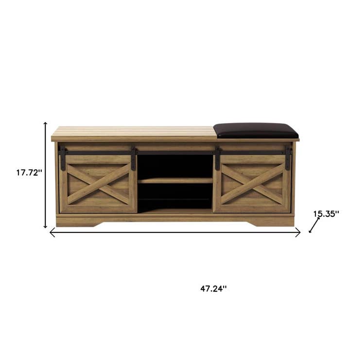 HomeRoots - Wholesale Bench - 47" Black and Natural Faux Leather And Wood Bench With Shoe Storage And Shelves2