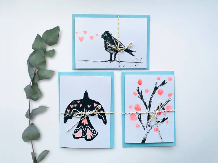 Linoldruck-Karten-Set handgefertigte mit Vogelmotiv für den Großhandel von Elena Klein