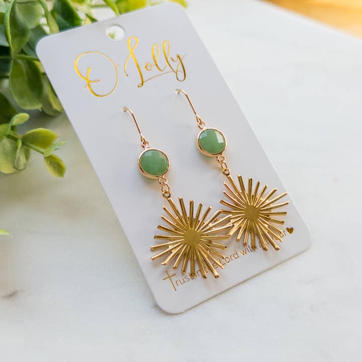 DEAL- Green Connector w/Gold Burst Dangle Earrings for wholesale by O’Lolly Jewelry